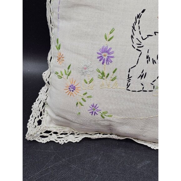 Vintage Hand Embroidered Scottish Terrier Scottie Dog Toss Pillow 12x8" Lace - Picture 4 of 11